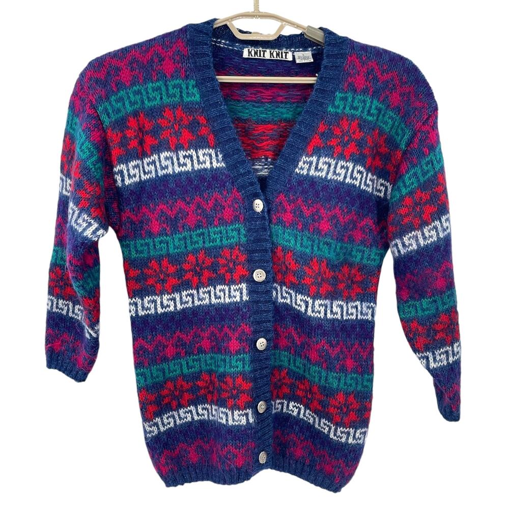 Knit Knit Vintage 80s Long Cardigan Sweater Mohair Stripe Oversized Size Small